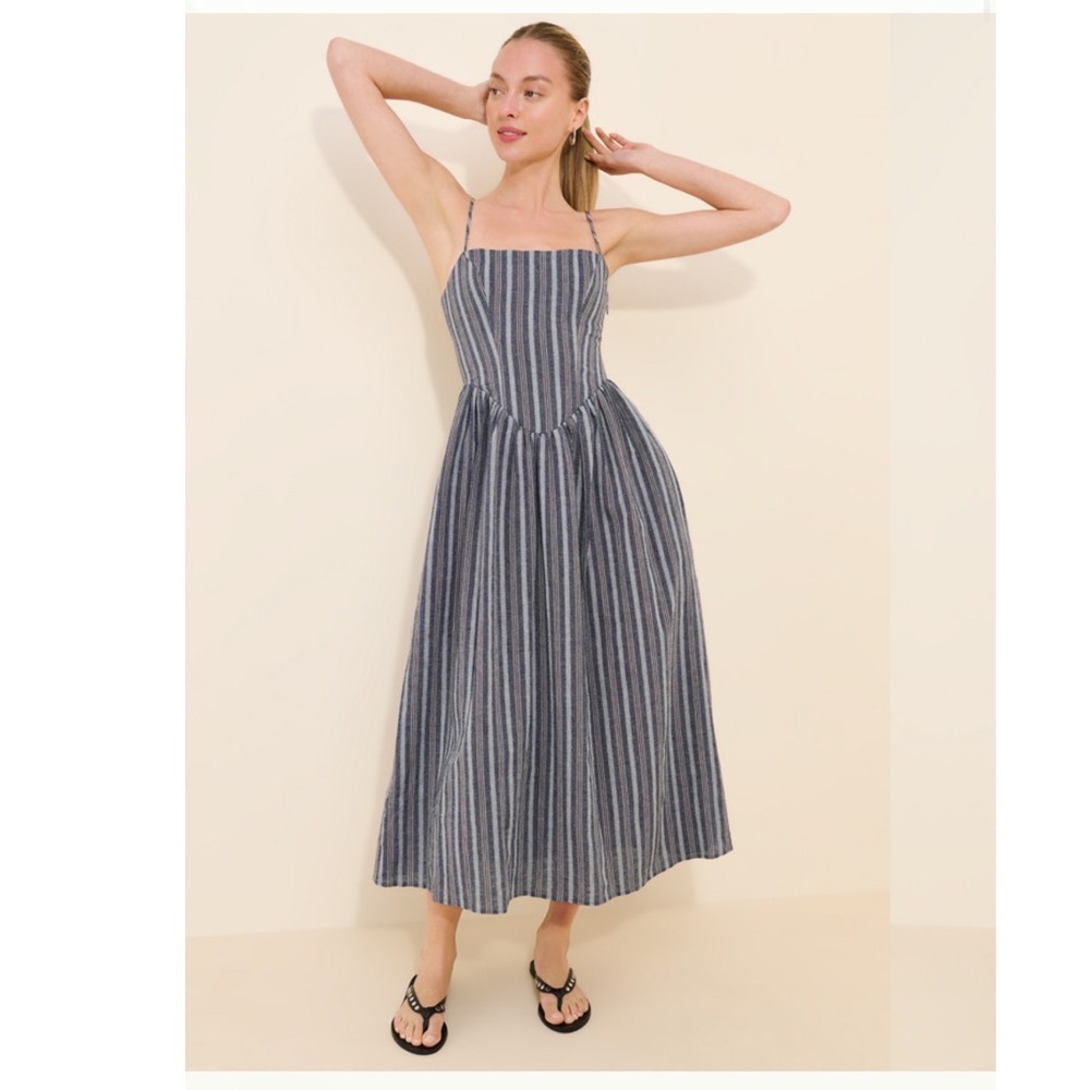 Rumored Nantucket Midi Dress Harborline Blue White Striped Smocked Back S NEW